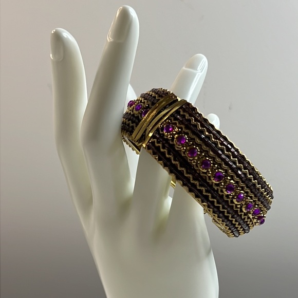 90s Vintage Purple Gold Tone Jeweled Rhinestone Beaded Bracelet with Spring - Picture 1 of 15